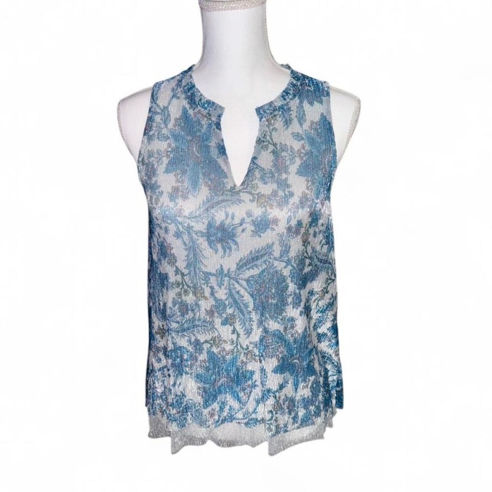 ANTHROPOLOGIE BLUE SILVER SHIMMERY PAISLEY SLEEVELESS BLOUSE LADIES XS NWT